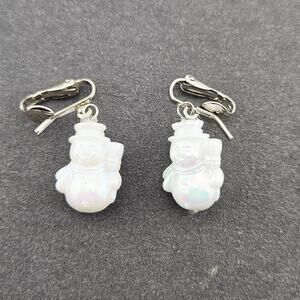 Snowman White Pearlescent Clip On Earrings Frosty Winter Holiday Christmas Cute